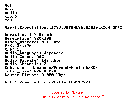 NFO for the release Great.Expectations.1998.JAPANESE.BDRip.x264-GMAY by GMAY