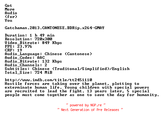 NFO for the release Gatchaman.2013.CANTONESE.BDRip.x264-GMAY by GMAY