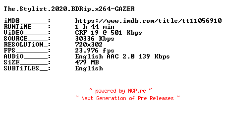 NFO for the release The.Stylist.2020.BDRip.x264-GAZER by GAZER