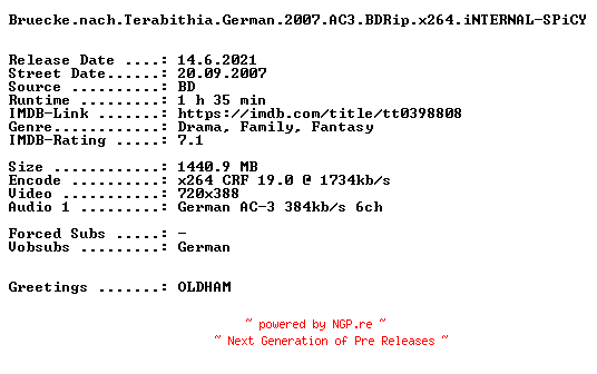 NFO for the release Bruecke.nach.Terabithia.German.2007.AC3.BDRip.x264.iNTERNAL-SPiCY by SPiCY