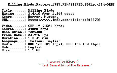 NFO for the release Killing.Birds.Raptors.1987.REMASTERED.BDRip.x264-ORBS by ORBS