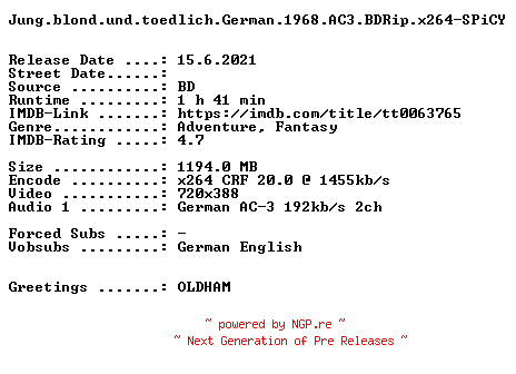 NFO for the release Jung.blond.und.toedlich.German.1968.AC3.BDRip.x264-SPiCY by SPiCY