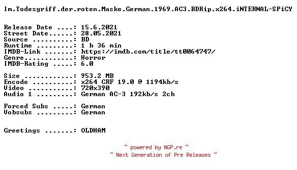 NFO for the release Im.Todesgriff.der.roten.Maske.German.1969.AC3.BDRip.x264.iNTERNAL-SPiCY by SPiCY
