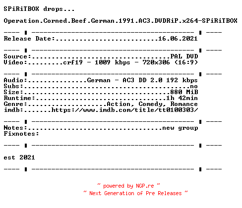 NFO for the release Operation.Corned.Beef.German.1991.AC3.DVDRiP.x264-SPiRiTBOX by SPiRiTBOX