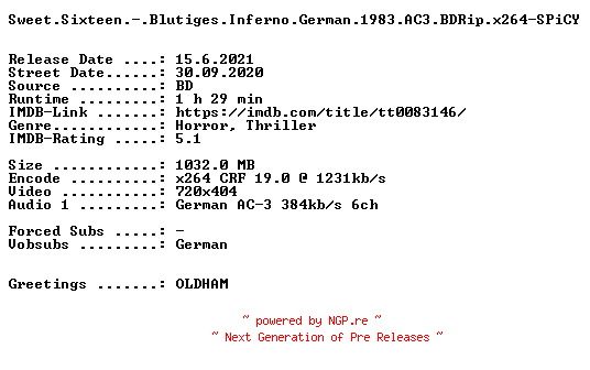 NFO for the release Sweet.Sixteen.-.Blutiges.Inferno.German.1983.AC3.BDRip.x264-SPiCY by SPiCY