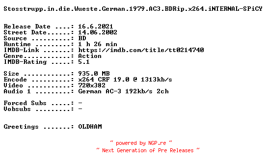 NFO for the release Stosstrupp.in.die.Wueste.German.1979.AC3.BDRip.x264.iNTERNAL-SPiCY by SPiCY