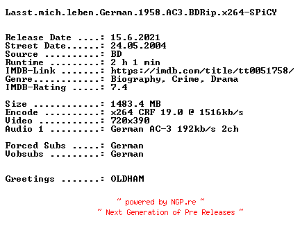 NFO for the release Lasst.mich.leben.German.1958.AC3.BDRip.x264-SPiCY by SPiCY