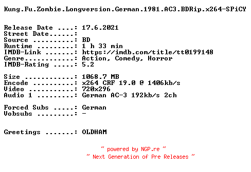 NFO for the release Kung.Fu.Zombie.Longversion.German.1981.AC3.BDRip.x264-SPiCY by SPiCY