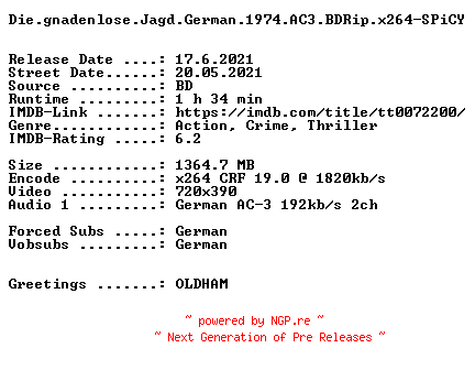 NFO for the release Die.gnadenlose.Jagd.German.1974.AC3.BDRip.x264-SPiCY by SPiCY