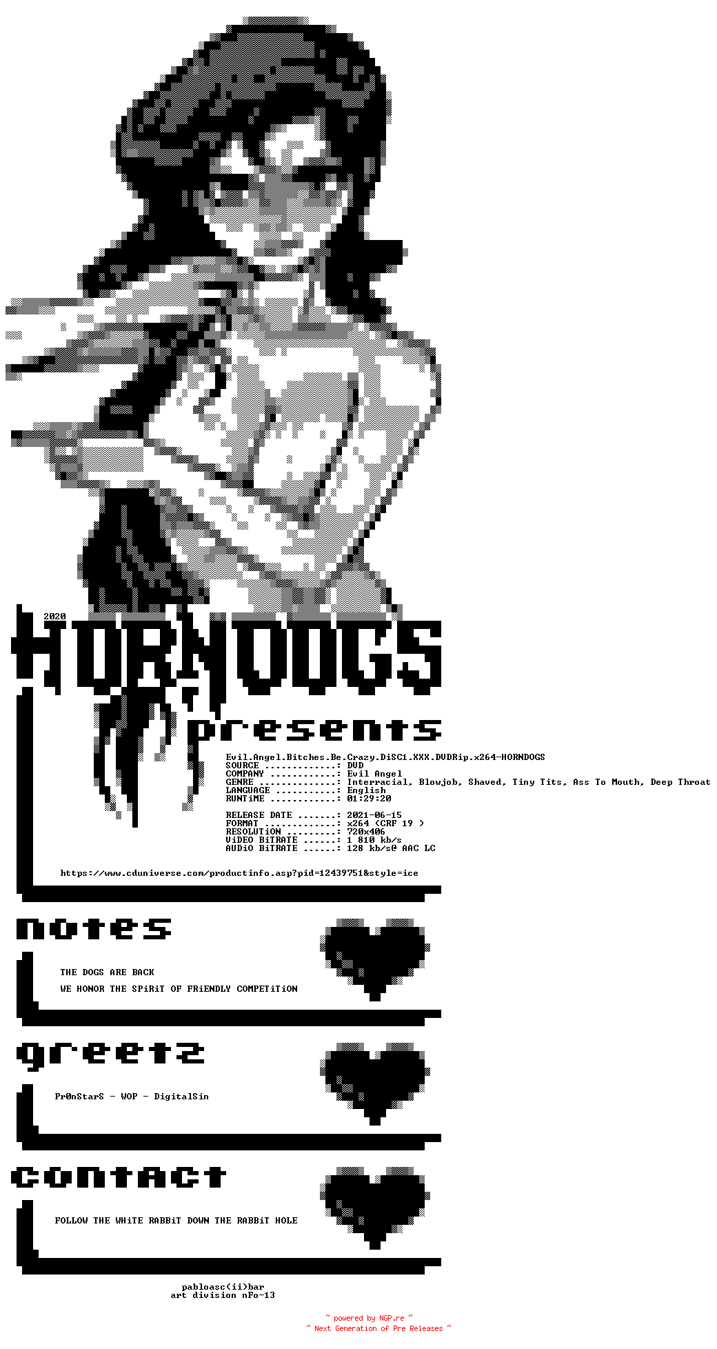 NFO for the release Evil.Angel.Bitches.Be.Crazy.DiSC1.XXX.DVDRip.x264-HORNDOGS by HORNDOGS