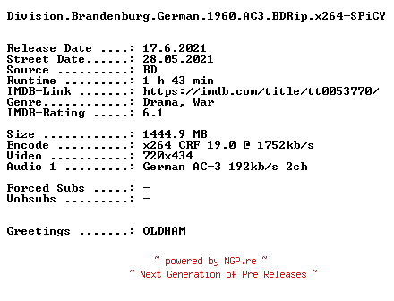 NFO for the release Division.Brandenburg.German.1960.AC3.BDRip.x264-SPiCY by SPiCY