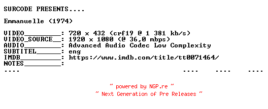 NFO for the release Emmanuelle.1974.DC.REMASTERED.BDRip.x264-SURCODE by SURCODE