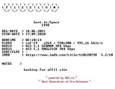 NFO for the release Lost.in.Space.German.1998.DL.BDRiP.x264.iNTERNAL-FiSSiON by FiSSiON