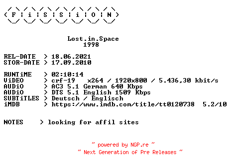 NFO for the release Lost.in.Space.1998.German.DL.1080p.BluRay.x264.iNTERNAL-FiSSiON by FiSSiON