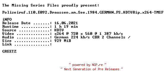 NFO for the release Polizeiruf.110.E092.Draussen.am.See.1984.GERMAN.FS.HDTVRip.x264-TMSF by TMSF