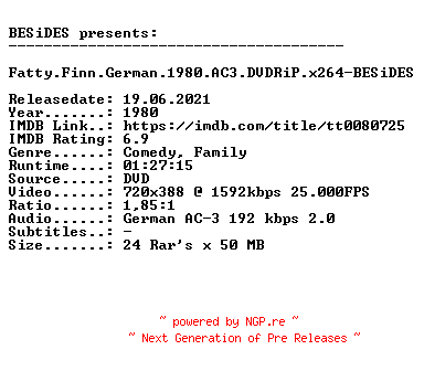 NFO for the release Fatty.Finn.German.1980.AC3.DVDRiP.x264-BESiDES by BESiDES