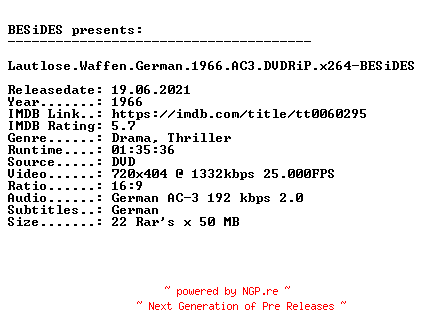 NFO for the release Lautlose.Waffen.German.1966.AC3.DVDRiP.x264-BESiDES by BESiDES
