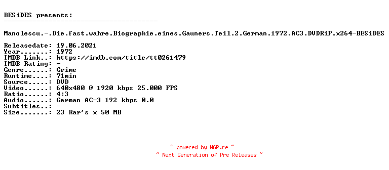NFO for the release Manolescu.-.Die.fast.wahre.Biographie.eines.Gauners.Teil.2.German.1972.AC3.DVDRiP.x264-BESiDES by BESiDES
