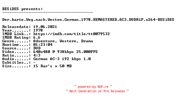 NFO for the release Der.harte.Weg.nach.Westen.German.1978.REMASTERED.AC3.DVDRiP.x264-BESiDES by BESiDES