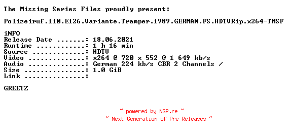 NFO for the release Polizeiruf.110.E126.Variante.Tramper.1989.GERMAN.FS.HDTVRip.x264-TMSF by TMSF
