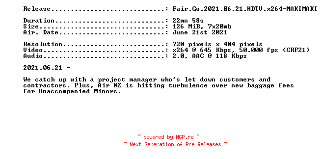 NFO for the release Fair.Go.2021.06.21.HDTV.x264-MAKIMAKI by MAKIMAKI