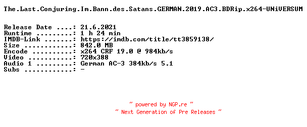 NFO for the release The.Last.Conjuring.Im.Bann.des.Satans.GERMAN.2019.AC3.BDRip.x264-UNiVERSUM by UNiVERSUM