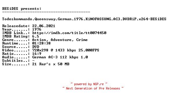 NFO for the release Todeskommando.Queensway.German.1976.KiNOFASSUNG.AC3.DVDRiP.x264-BESiDES by BESiDES