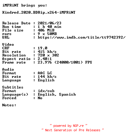NFO for the release Kindred.2020.BDRip.x264-iMPRiNT by iMPRiNT