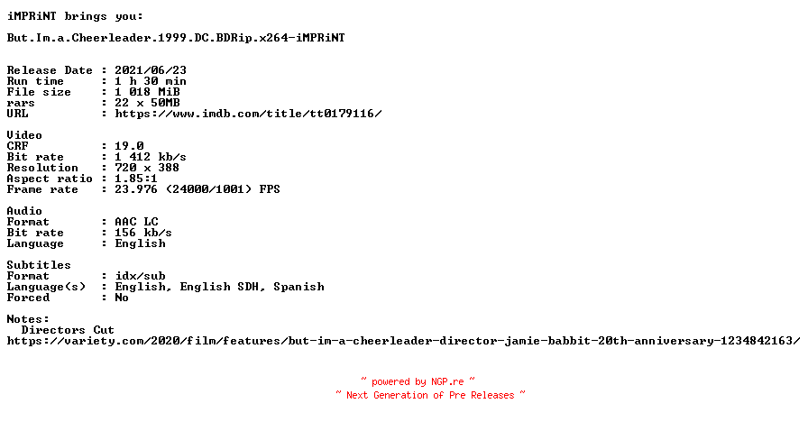 NFO for the release But.Im.a.Cheerleader.1999.DC.BDRip.x264-iMPRiNT by iMPRiNT