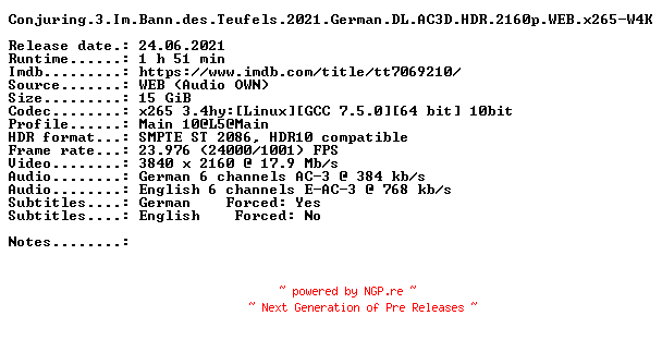 NFO for the release Conjuring.3.Im.Bann.des.Teufels.2021.German.DL.AC3D.HDR.2160p.WEB.x265-W4K by W4K