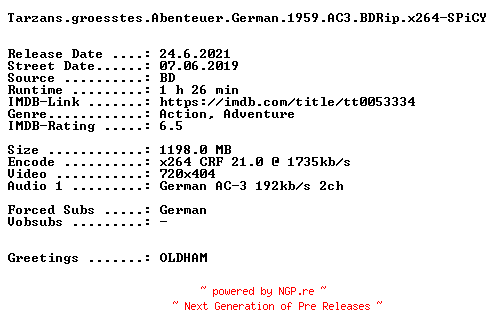 NFO for the release Tarzans.groesstes.Abenteuer.German.1959.AC3.BDRip.x264-SPiCY by SPiCY