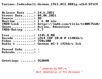 NFO for the release Tarzans.Todesduell.German.1963.AC3.BDRip.x264-SPiCY by SPiCY