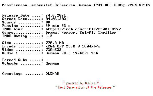 NFO for the release Monstermann.verbreitet.Schrecken.German.1941.AC3.BDRip.x264-SPiCY by SPiCY