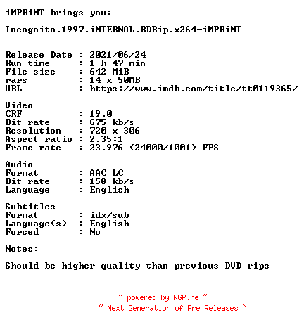 NFO for the release Incognito.1997.iNTERNAL.BDRip.x264-iMPRiNT by iMPRiNT
