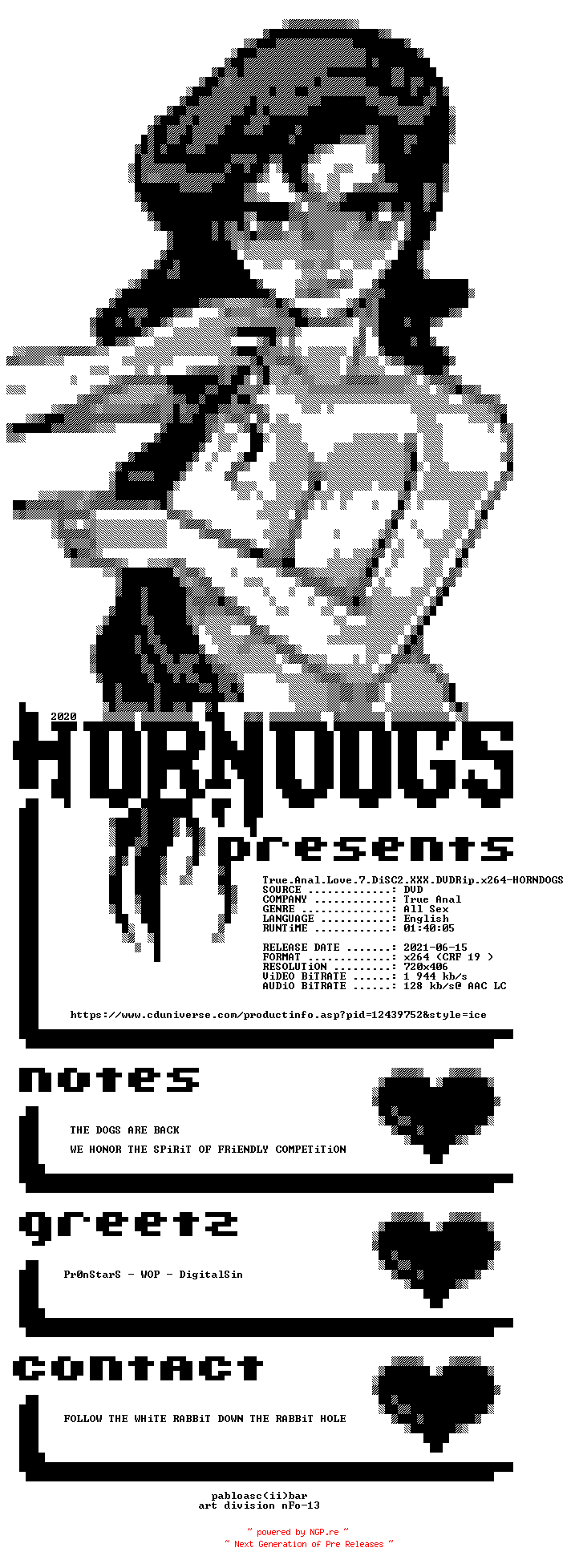 NFO for the release True.Anal.Love.7.DiSC2.XXX.DVDRip.x264-HORNDOGS by HORNDOGS