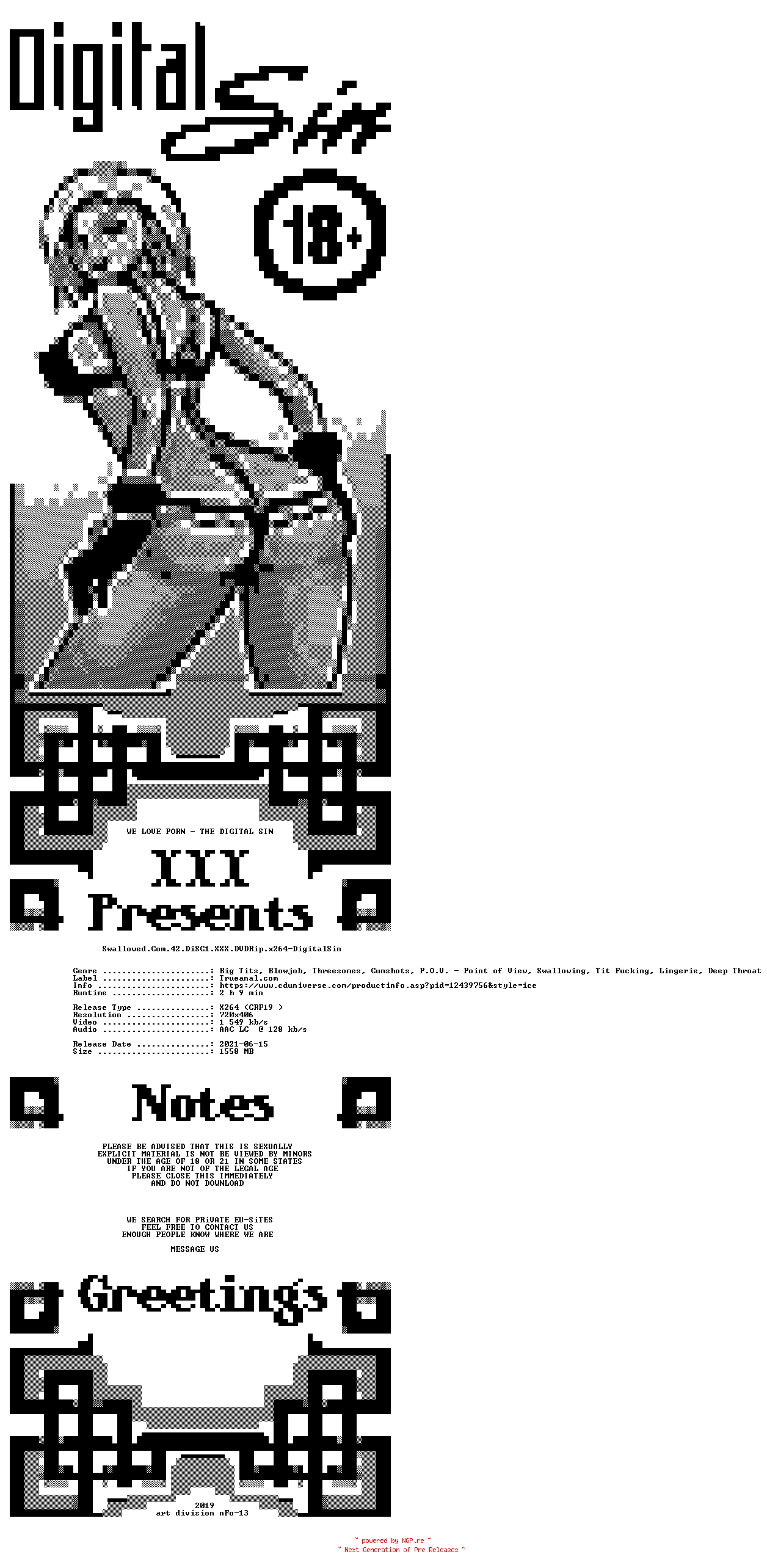NFO for the release Swallowed.Com.42.DiSC1.XXX.DVDRip.x264-DigitalSin by DigitalSin