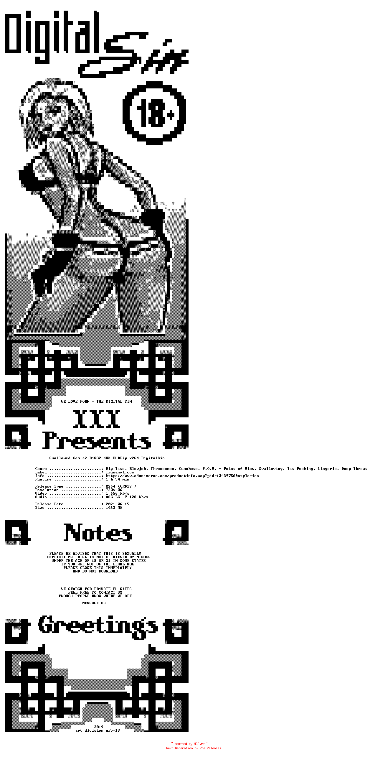NFO for the release Swallowed.Com.42.DiSC2.XXX.DVDRip.x264-DigitalSin by DigitalSin