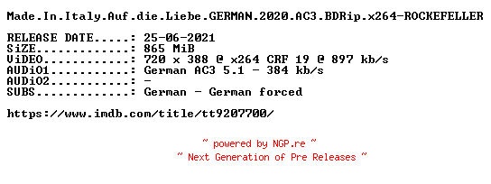 NFO for the release Made.In.Italy.Auf.die.Liebe.GERMAN.2020.AC3.BDRip.x264-ROCKEFELLER by ROCKEFELLER