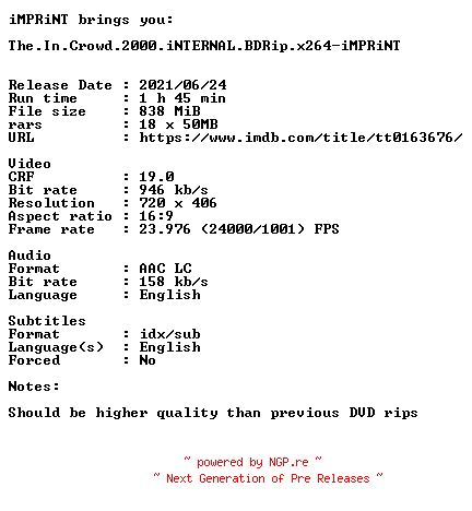 NFO for the release The.In.Crowd.2000.iNTERNAL.BDRip.x264-iMPRiNT by iMPRiNT