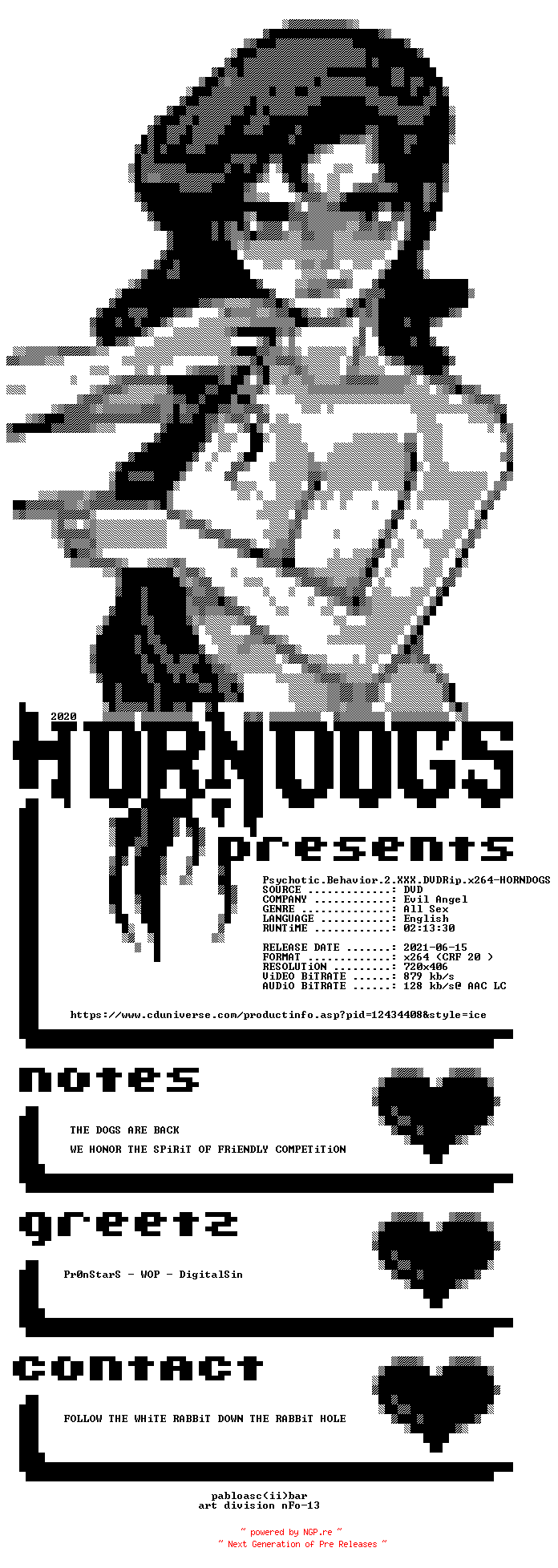 NFO for the release Psychotic.Behavior.2.XXX.DVDRip.x264-HORNDOGS by HORNDOGS