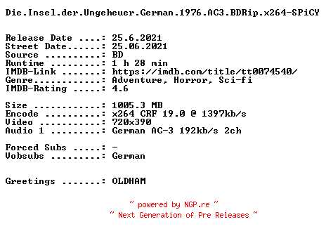 NFO for the release Die.Insel.der.Ungeheuer.German.1976.AC3.BDRip.x264-SPiCY by SPiCY