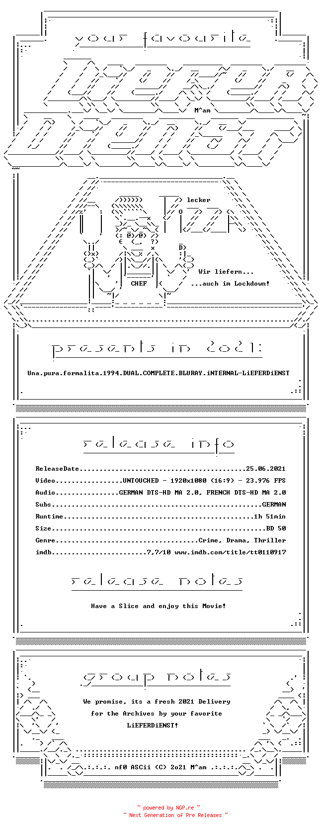 NFO for the release Una.pura.formalita.1994.DUAL.COMPLETE.BLURAY.iNTERNAL-LiEFERDiENST by LiEFERDiENST