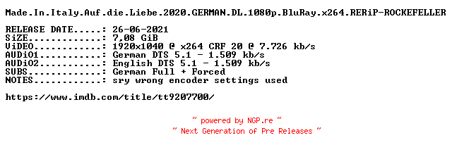 NFO for the release Made.In.Italy.Auf.die.Liebe.2020.GERMAN.DL.1080p.BluRay.x264.RERiP-ROCKEFELLER by ROCKEFELLER