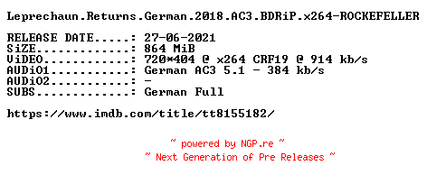 NFO for the release Leprechaun.Returns.German.2018.AC3.BDRiP.x264-ROCKEFELLER by ROCKEFELLER