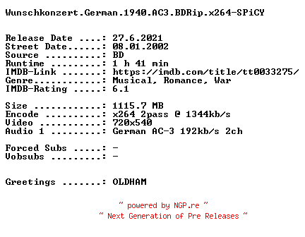 NFO for the release Wunschkonzert.German.1940.AC3.BDRip.x264-SPiCY by SPiCY