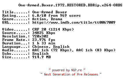 NFO for the release One-Armed.Boxer.1972.RESTORED.BDRip.x264-ORBS by ORBS
