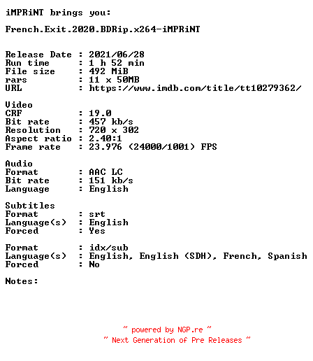 NFO for the release French.Exit.2020.BDRip.x264-iMPRiNT by iMPRiNT