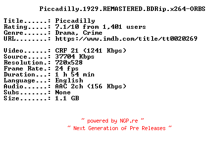 NFO for the release Piccadilly.1929.REMASTERED.BDRip.x264-ORBS by ORBS