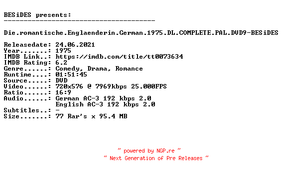 NFO for the release Die.romantische.Englaenderin.German.1975.AC3.DVDRiP.x264-BESiDES by BESiDES
