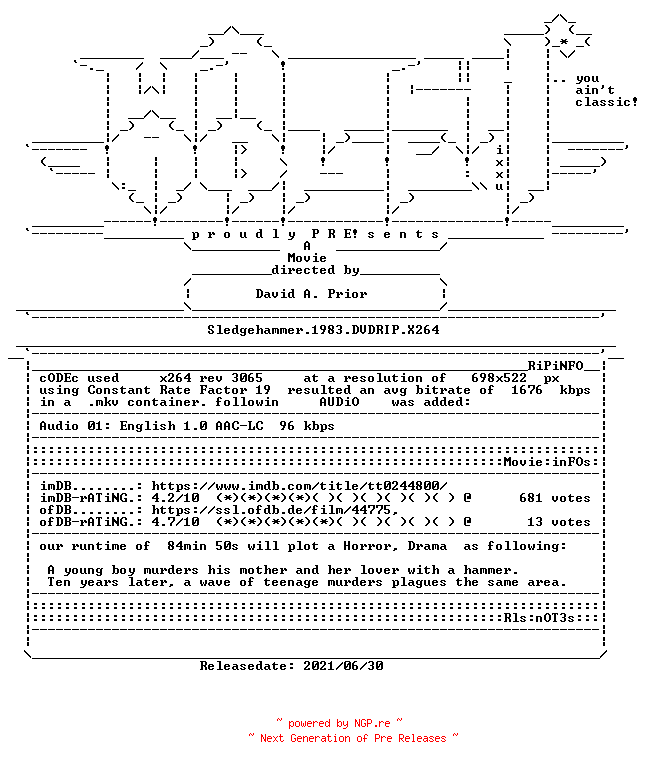 NFO for the release Sledgehammer.1983.DVDRIP.X264-WATCHABLE by WATCHABLE